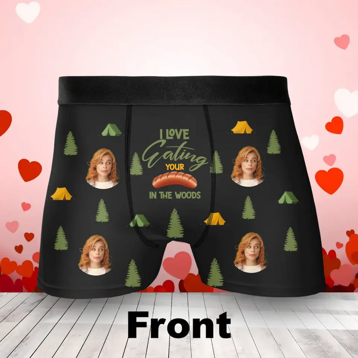 Custom Personalized Funny Camper Couple Men's Boxer Briefs - Upload Photo - Funny/ Valentines Gift Idea For Men, Boyfriend, Husband - I Love Eating Your Sausage In The Woods