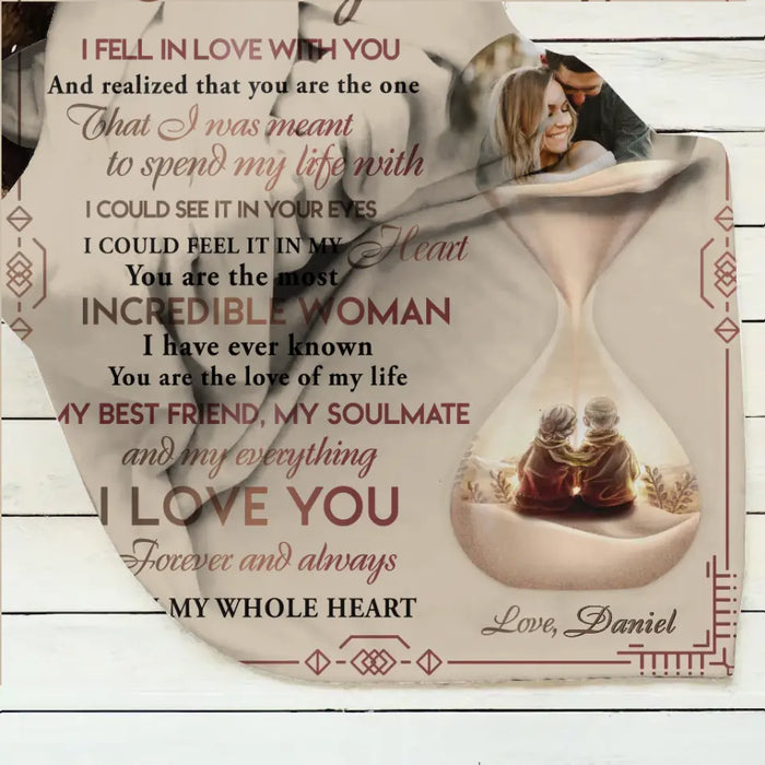 Custom Personalized Couple Hourglass Quilt/Single Layer Fleece Blanket - Upload Photo - Gift Idea To Wife From Husband - To My Wife I Fell In Love With You