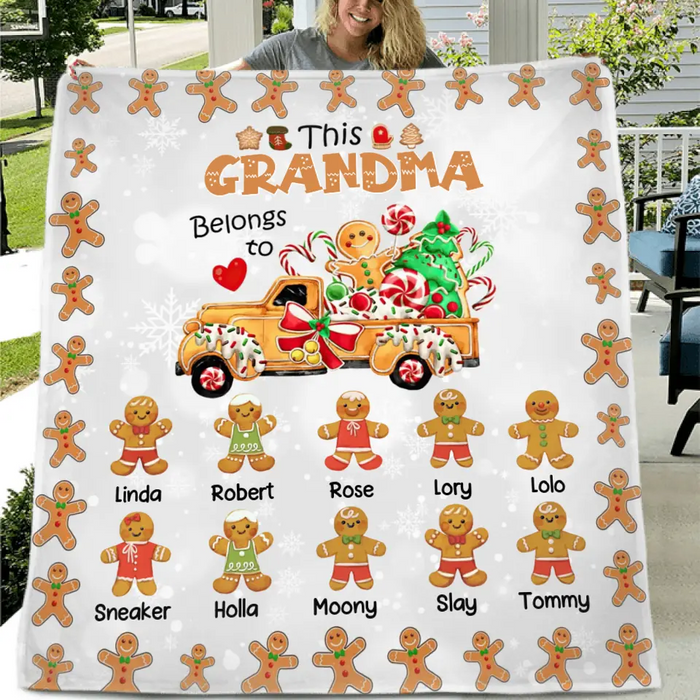 Custom Personalized Christmas Gingerbread Grandma Quilt/Single Layer Fleece Blanket - Upto 10 Grandkids - Christmas Gift Idea For Grandma - This Grandma Belongs To