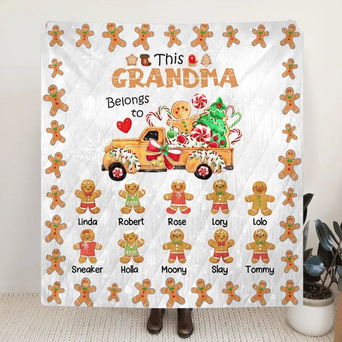 Custom Personalized Christmas Gingerbread Grandma Quilt/Single Layer Fleece Blanket - Upto 10 Grandkids - Christmas Gift Idea For Grandma - This Grandma Belongs To