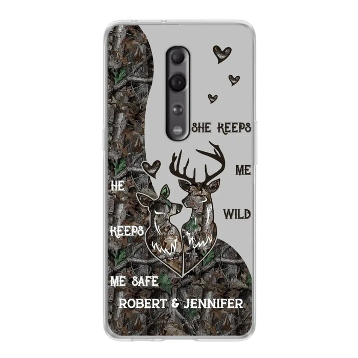 Custom Personalized Deer Couple Phone Case - Gift Idea For Couple - He Keeps Me Safe She Keeps Me Wild - Case For Oppo/ Xiaomi/ Huawei