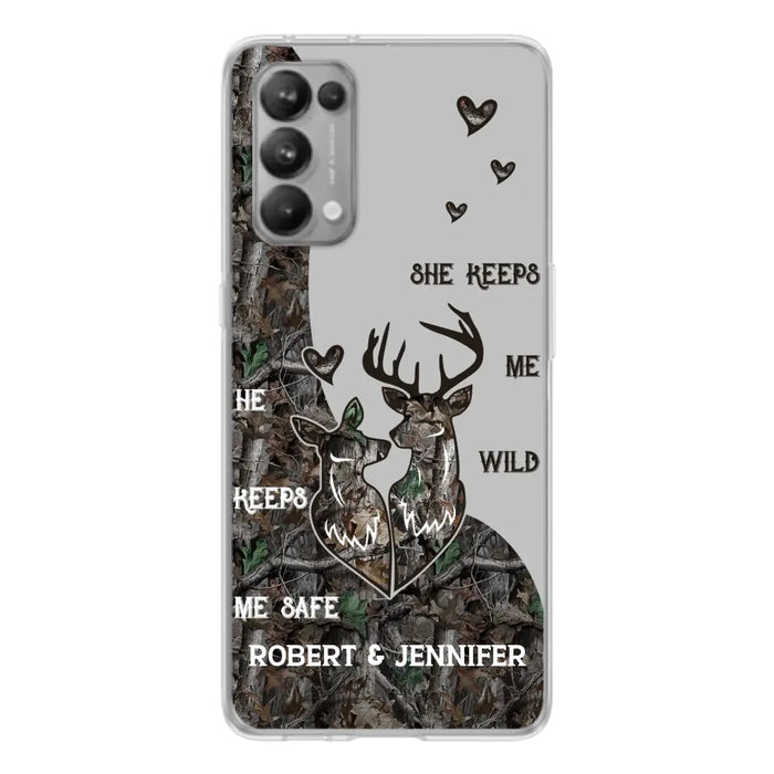 Custom Personalized Deer Couple Phone Case - Gift Idea For Couple - He Keeps Me Safe She Keeps Me Wild - Case For Oppo/ Xiaomi/ Huawei