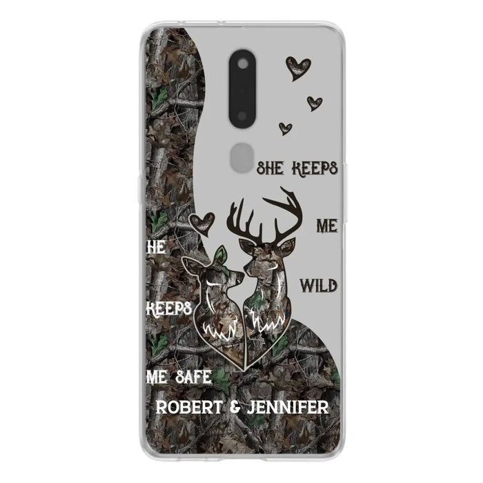 Custom Personalized Deer Couple Phone Case - Gift Idea For Couple - He Keeps Me Safe She Keeps Me Wild - Case For Oppo/ Xiaomi/ Huawei