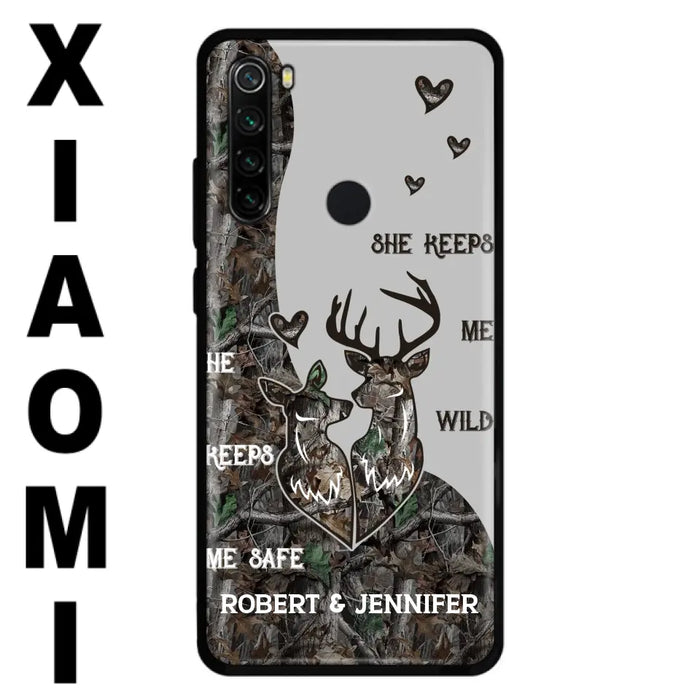 Custom Personalized Deer Couple Phone Case - Gift Idea For Couple - He Keeps Me Safe She Keeps Me Wild - Case For Oppo/ Xiaomi/ Huawei