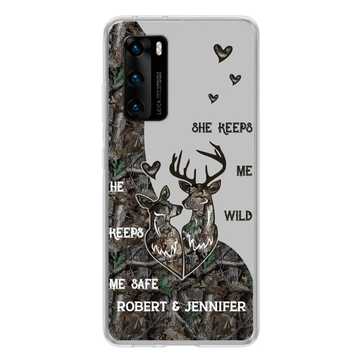 Custom Personalized Deer Couple Phone Case - Gift Idea For Couple - He Keeps Me Safe She Keeps Me Wild - Case For Oppo/ Xiaomi/ Huawei