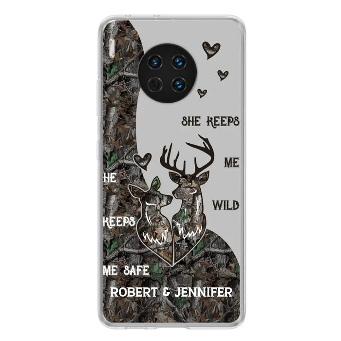 Custom Personalized Deer Couple Phone Case - Gift Idea For Couple - He Keeps Me Safe She Keeps Me Wild - Case For Oppo/ Xiaomi/ Huawei