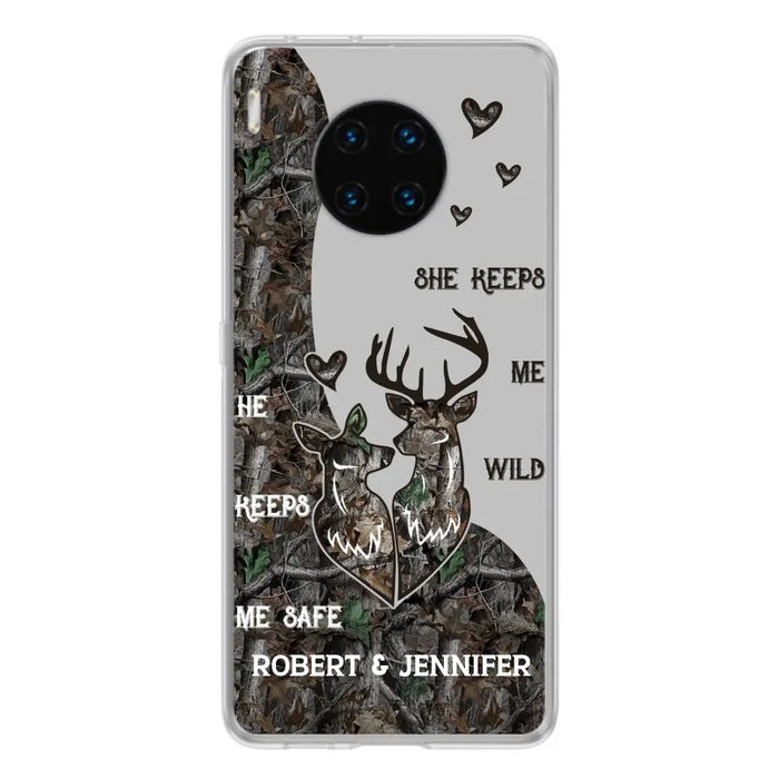 Custom Personalized Deer Couple Phone Case - Gift Idea For Couple - He Keeps Me Safe She Keeps Me Wild - Case For Oppo/ Xiaomi/ Huawei