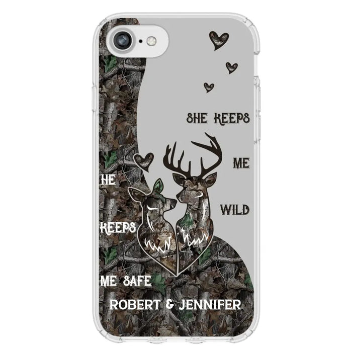 Custom Personalized Deer Couple Phone Case - Gift Idea For Couple - He Keeps Me Safe She Keeps Me Wild - Case For iPhone/Samsung