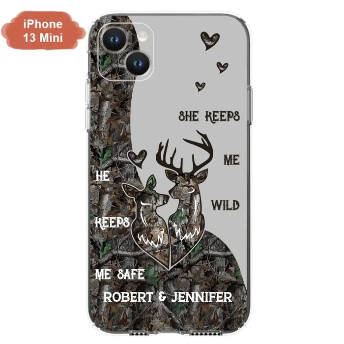 Custom Personalized Deer Couple Phone Case - Gift Idea For Couple - He Keeps Me Safe She Keeps Me Wild - Case For iPhone/Samsung