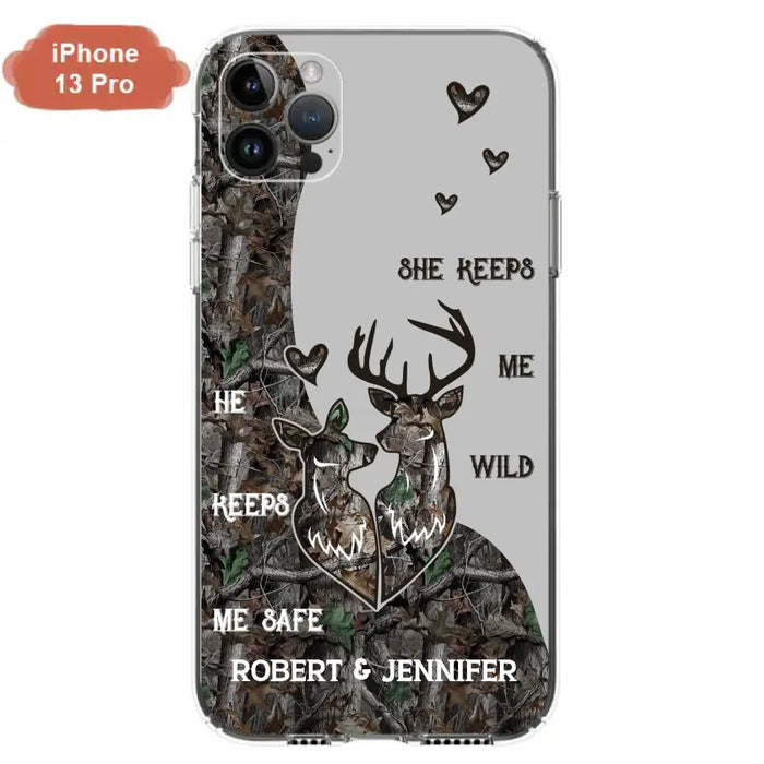 Custom Personalized Deer Couple Phone Case - Gift Idea For Couple - He Keeps Me Safe She Keeps Me Wild - Case For iPhone/Samsung