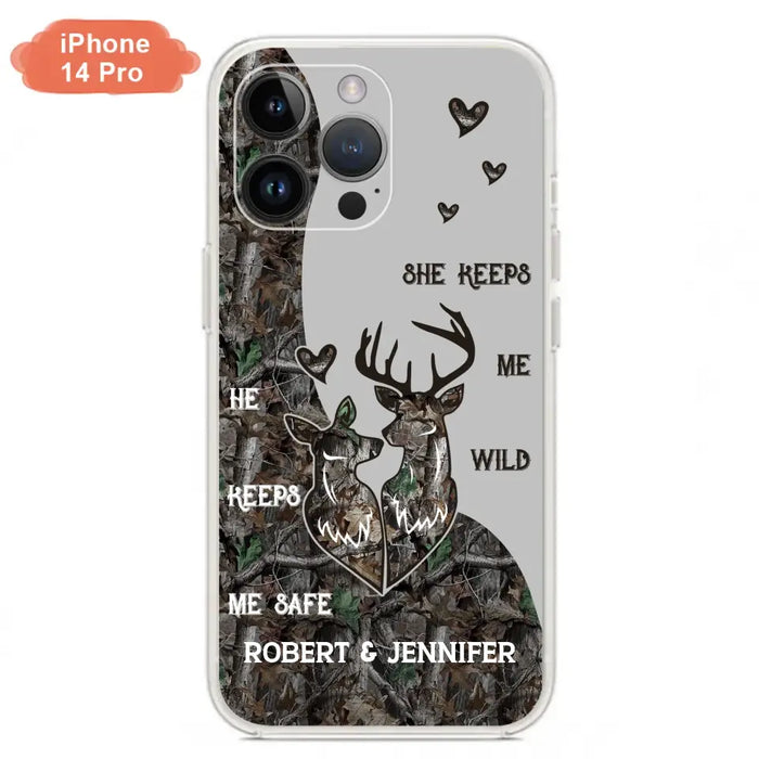 Custom Personalized Deer Couple Phone Case - Gift Idea For Couple - He Keeps Me Safe She Keeps Me Wild - Case For iPhone/Samsung