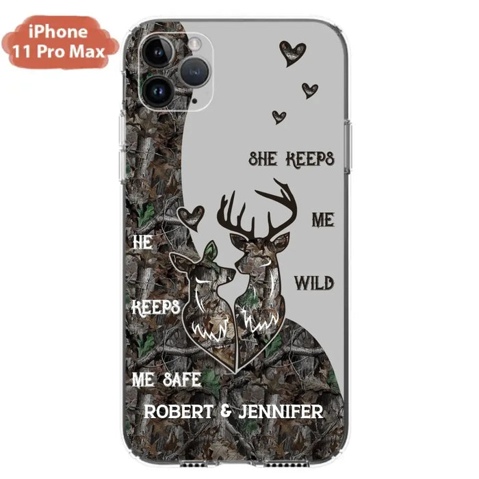 Custom Personalized Deer Couple Phone Case - Gift Idea For Couple - He Keeps Me Safe She Keeps Me Wild - Case For iPhone/Samsung