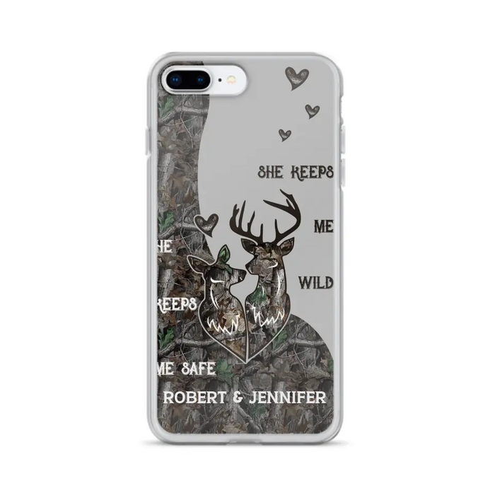 Custom Personalized Deer Couple Phone Case - Gift Idea For Couple - He Keeps Me Safe She Keeps Me Wild - Case For iPhone/Samsung