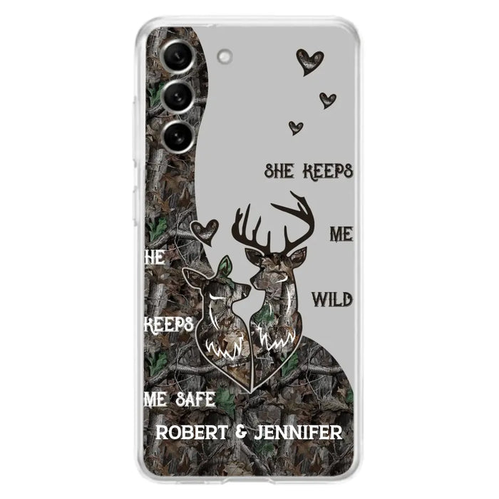 Custom Personalized Deer Couple Phone Case - Gift Idea For Couple - He Keeps Me Safe She Keeps Me Wild - Case For iPhone/Samsung