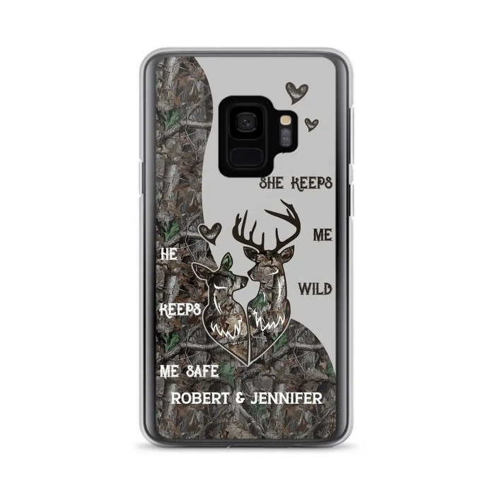 Custom Personalized Deer Couple Phone Case - Gift Idea For Couple - He Keeps Me Safe She Keeps Me Wild - Case For iPhone/Samsung