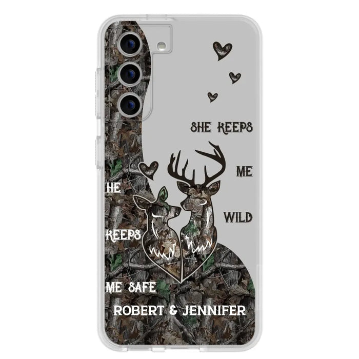 Custom Personalized Deer Couple Phone Case - Gift Idea For Couple - He Keeps Me Safe She Keeps Me Wild - Case For iPhone/Samsung