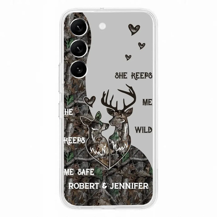 Custom Personalized Deer Couple Phone Case - Gift Idea For Couple - He Keeps Me Safe She Keeps Me Wild - Case For iPhone/Samsung