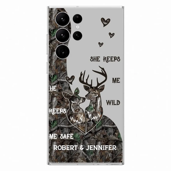 Custom Personalized Deer Couple Phone Case - Gift Idea For Couple - He Keeps Me Safe She Keeps Me Wild - Case For iPhone/Samsung