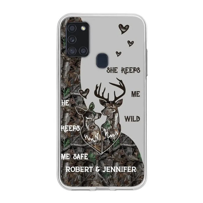 Custom Personalized Deer Couple Phone Case - Gift Idea For Couple - He Keeps Me Safe She Keeps Me Wild - Case For iPhone/Samsung