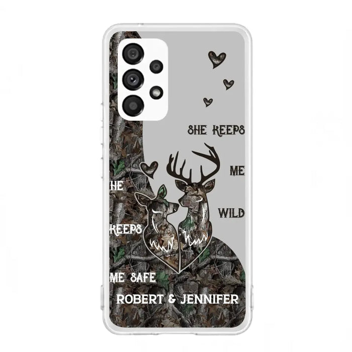 Custom Personalized Deer Couple Phone Case - Gift Idea For Couple - He Keeps Me Safe She Keeps Me Wild - Case For iPhone/Samsung