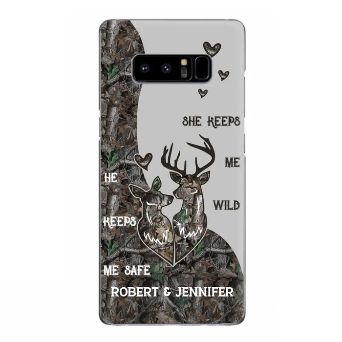 Custom Personalized Deer Couple Phone Case - Gift Idea For Couple - He Keeps Me Safe She Keeps Me Wild - Case For iPhone/Samsung