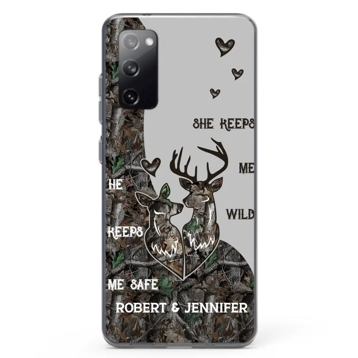 Custom Personalized Deer Couple Phone Case - Gift Idea For Couple - He Keeps Me Safe She Keeps Me Wild - Case For iPhone/Samsung