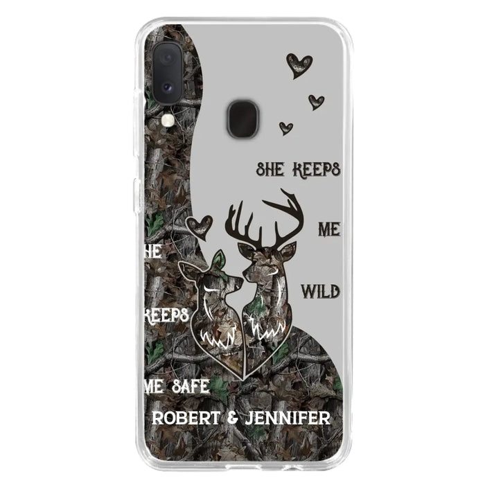 Custom Personalized Deer Couple Phone Case - Gift Idea For Couple - He Keeps Me Safe She Keeps Me Wild - Case For iPhone/Samsung