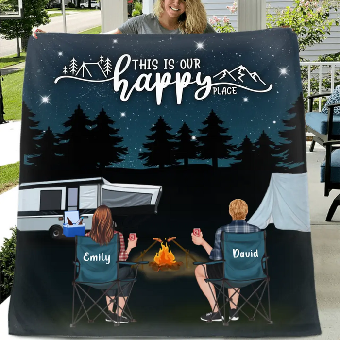 Custom Personalized Camping Family Quilt/Single Layer Fleece Blanket - Gift Idea For Camping Lover/ Couple/ Family - This Is Our Happy Place