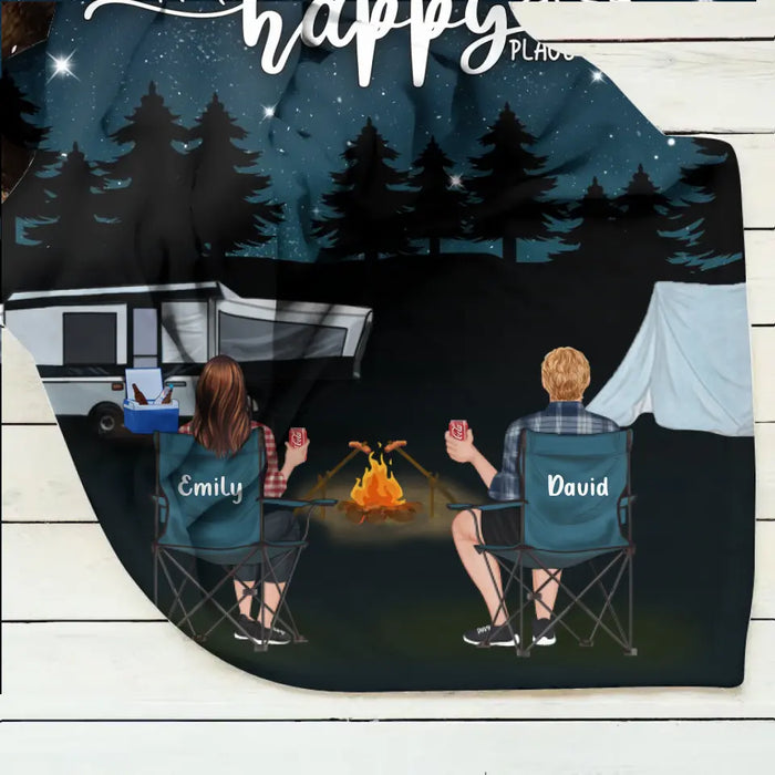 Custom Personalized Camping Family Quilt/Single Layer Fleece Blanket - Gift Idea For Camping Lover/ Couple/ Family - This Is Our Happy Place