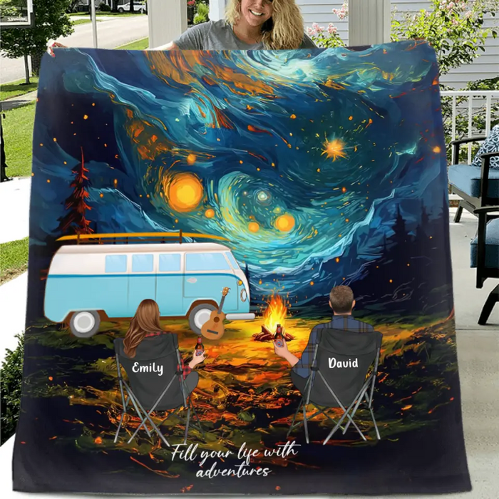 Custom Personalized Camping Couple Family Quilt Blanket/Single Layer Fleece Blanket - Gift for whole family, camping lovers - Fill Your Life With Adventures