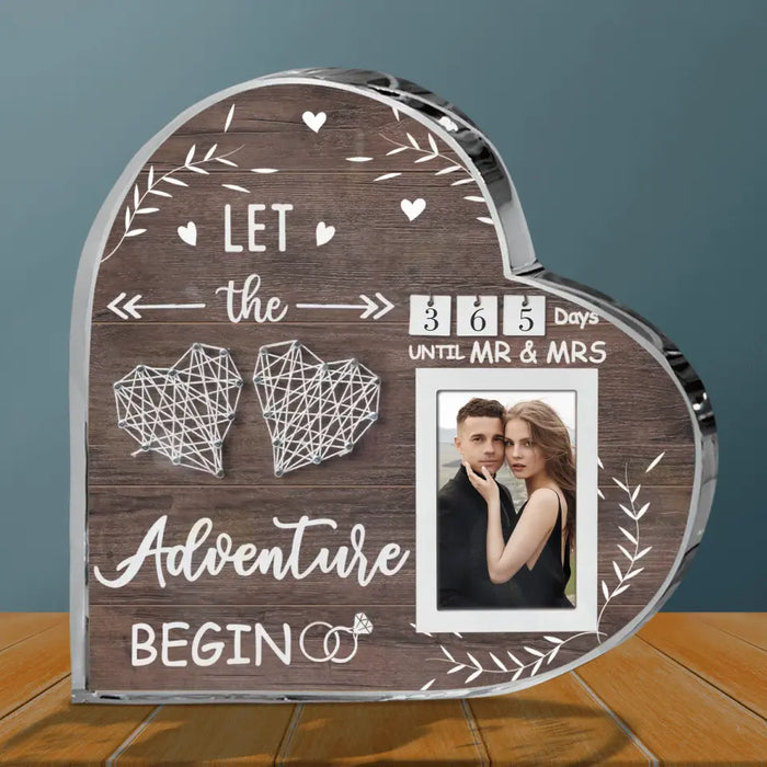 Custom Personalized Wedding Countdown Calendar Crystal Heart - Upload Photo - Engagement Gifts For Couples Newly Engaged - Let's The Adventure Begin