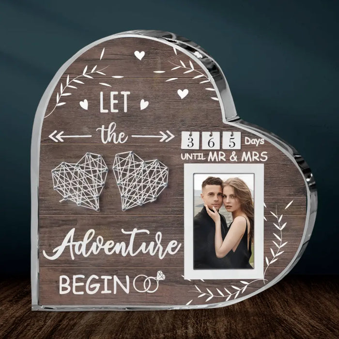 Custom Personalized Wedding Countdown Calendar Crystal Heart - Upload Photo - Engagement Gifts For Couples Newly Engaged - Let's The Adventure Begin