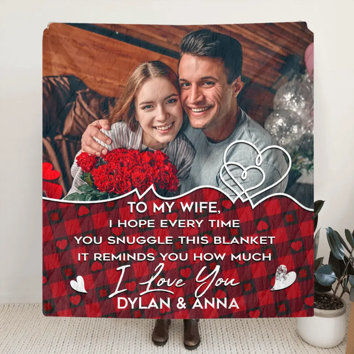 Custom Personalized Couple Photo Quilt/ Single Layer Fleece Blanket - Upload Photo - Gift Idea For Couple/Husband/Wife/Valentine's Day - To My Wife