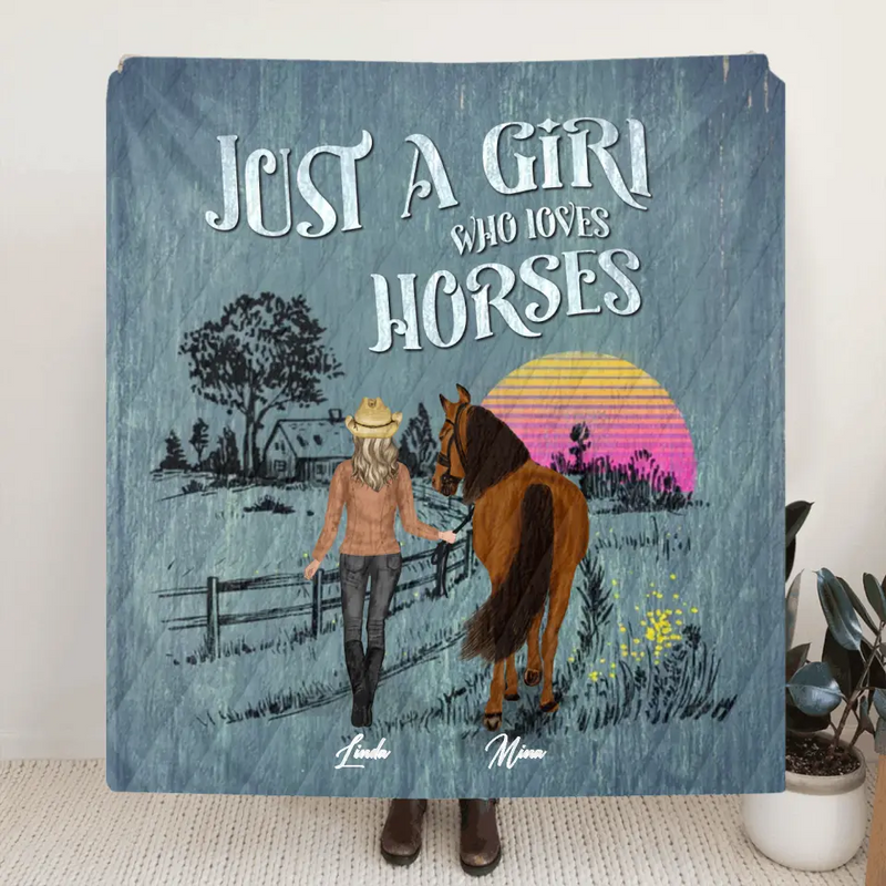 Personalized Horse Girl Quilt/Fleece Throw Blanket - Gift Idea For Girl/Horse Lovers - Up to 6 Horses - Just A Girl Who Loves Horses