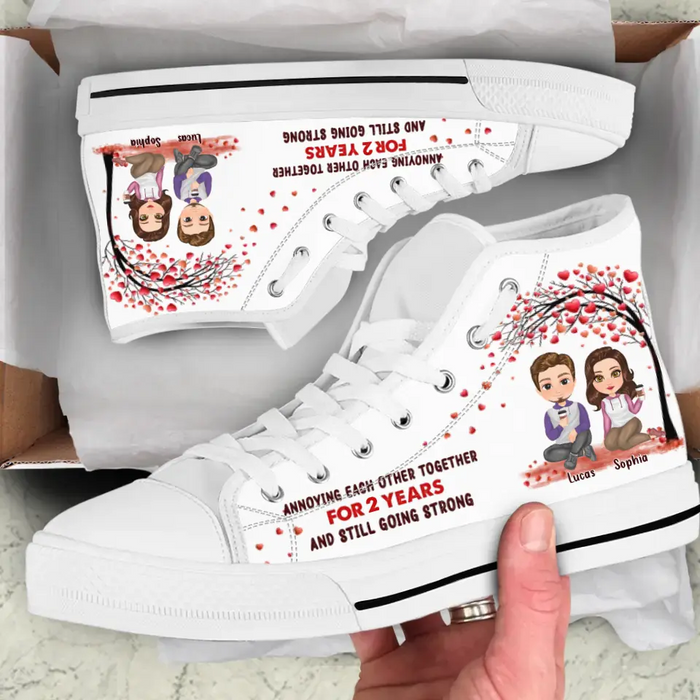 Custom Personalized Couple High Top Canvas Shoes - Gift Idea For Couple/ Him/ Her/ Valentines - Annoying Each Other Together For 2 Years and Still Going Strong