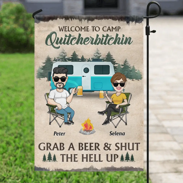 Custom Personalized Camping Flag Sign - Best Gift For Camping Lovers - Couple With Upto 4 Dogs - Welcome To Camp Quitcherbitchin