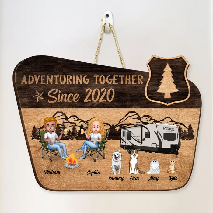 Custom Personalized Camping Door Sign - Gift for Camping Lovers - Camping Couple and Up to 4 Pets - Adventuring Together