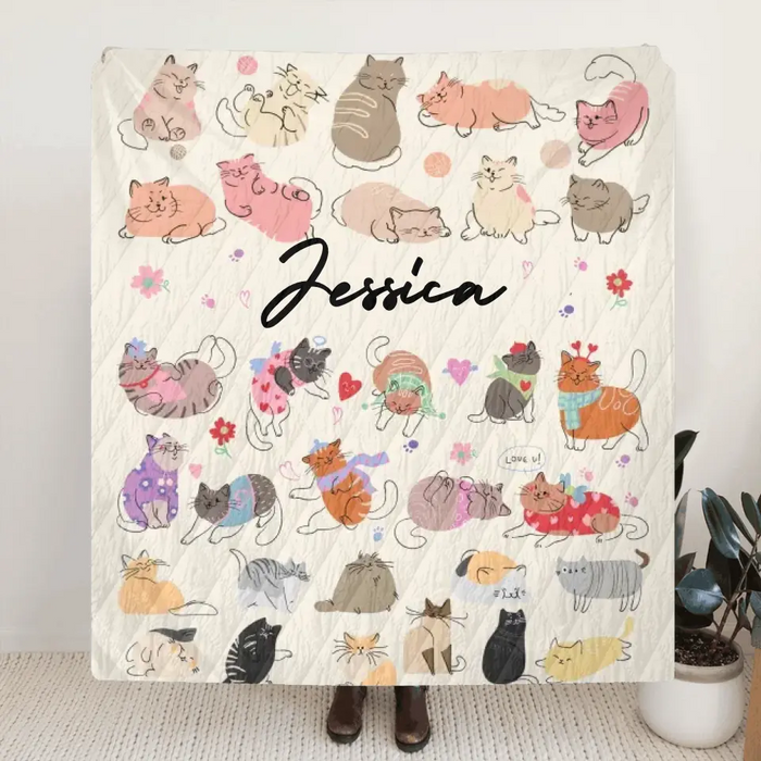 Custom Cat Quilt/Single Layer Fleece Blanket/Pillow Cover - Gift Idea For Cat Lovers/Owners