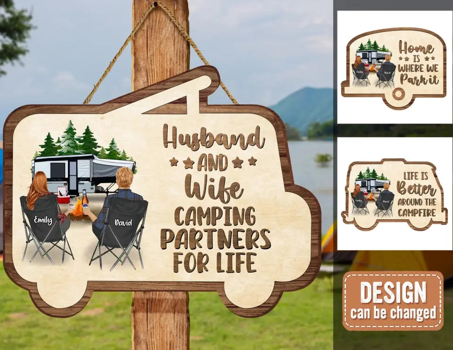 Custom Personalized Camping Wooden Sign - Up to 2 Children & 3 Pets -  Gift Idea For Camping Lovers - Husband And Wife Camping Partners For Life