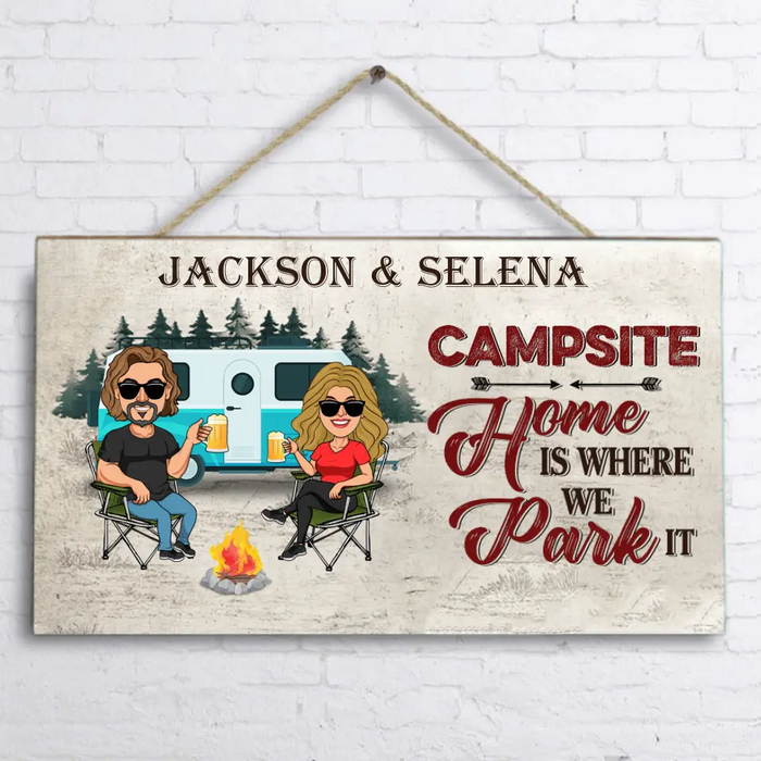 Custom Personalized Camping Couple Rectangle Wooden Sign - Couple With Upto 4 Dogs - Gift Idea For Couple/ Camping Lover - Home Is Where We Park It