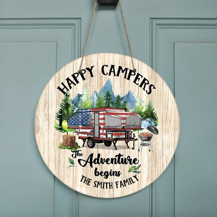 Custom Personalized Camper Circle Door Sign - Gift Idea For Camping Lovers/Family - Happy Campers The Adventure Begins