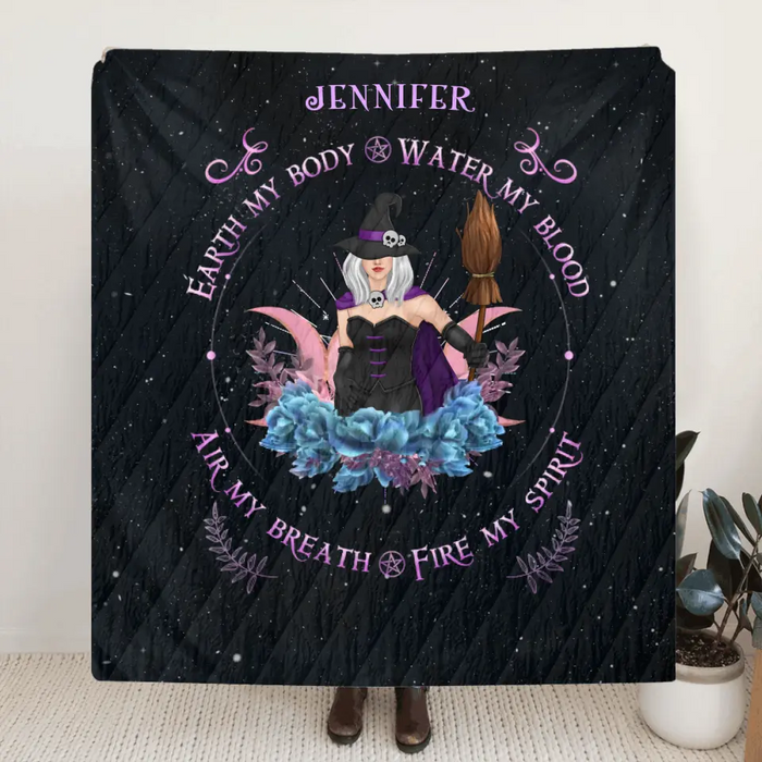 Custom Personalized Witch Quilt/Fleece Blanket - Halloween Gift Idea For Witch Lovers - Earth My Body Water My Blood