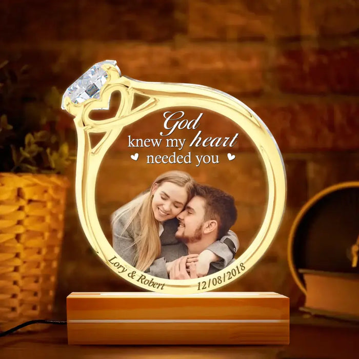 Custom Personalized Couple Ring Acrylic Night Light - Upload Photo - Gift Idea For Couple/ Him/ Her - God Knew My Heart Needed You