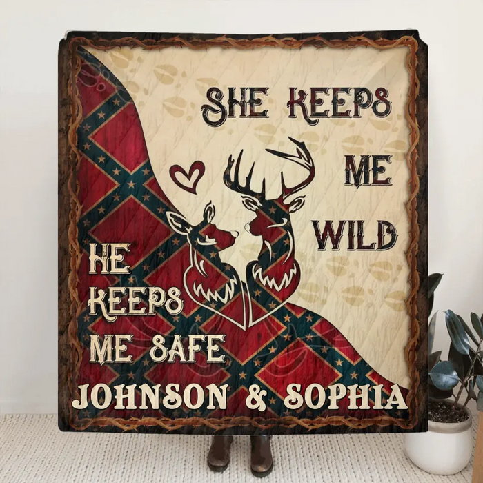 Custom Personalized Couple Quilt/ Single Layer Fleece Blanket - Gift Idea For Couple/ Husband/ Wife/ Valentine's Day - He Keeps Me Safe