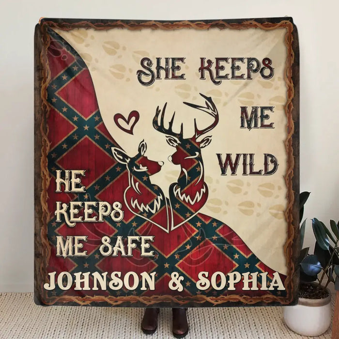 Custom Personalized Couple Quilt/ Single Layer Fleece Blanket - Gift Idea For Couple/ Husband/ Wife/ Valentine's Day - He Keeps Me Safe