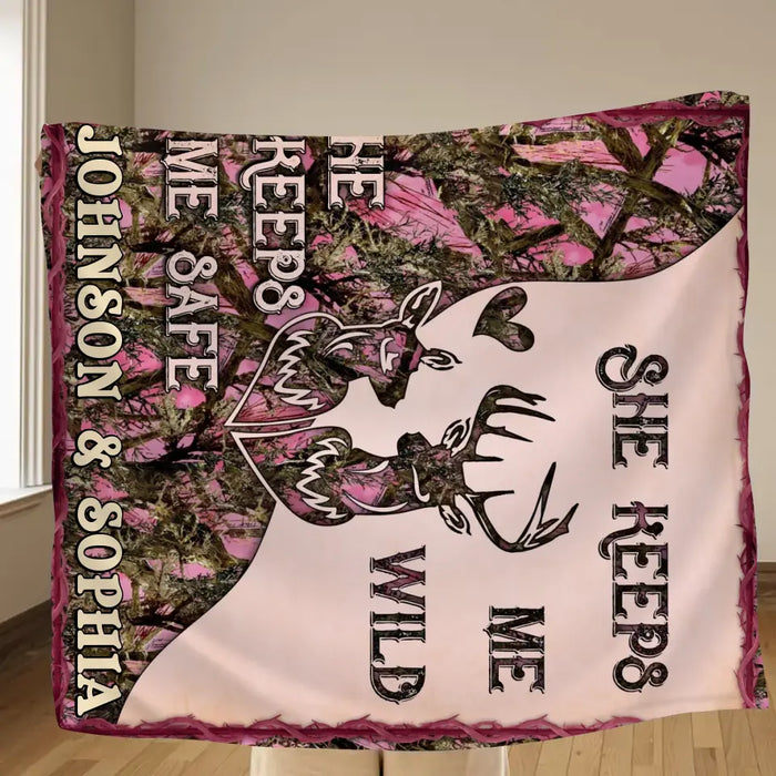 Custom Personalized Couple Quilt/ Single Layer Fleece Blanket - Gift Idea For Couple/ Husband/ Wife/ Valentine's Day - She Keeps Me Wild