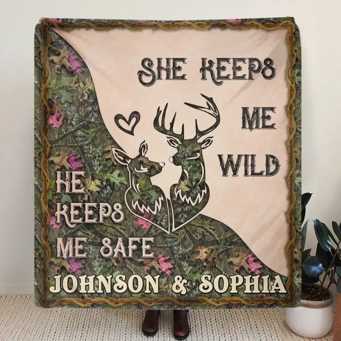 Personalized Couple Quilt/ Single Layer Fleece Blanket - Gift For Couple/ Husband/ Wife/ Valentine's Day - She Keeps Me Wild