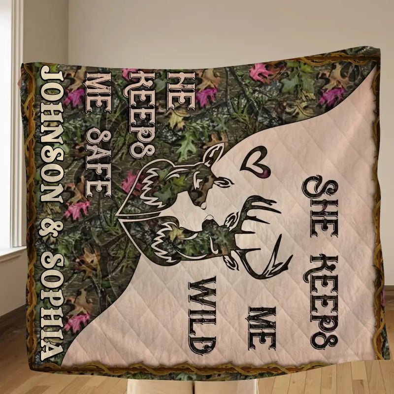 Personalized Couple Fleece Throw Blanket & Quilt - Valentine's Day Gift Idea For Couple/Him & Her - She Keeps Me Wild