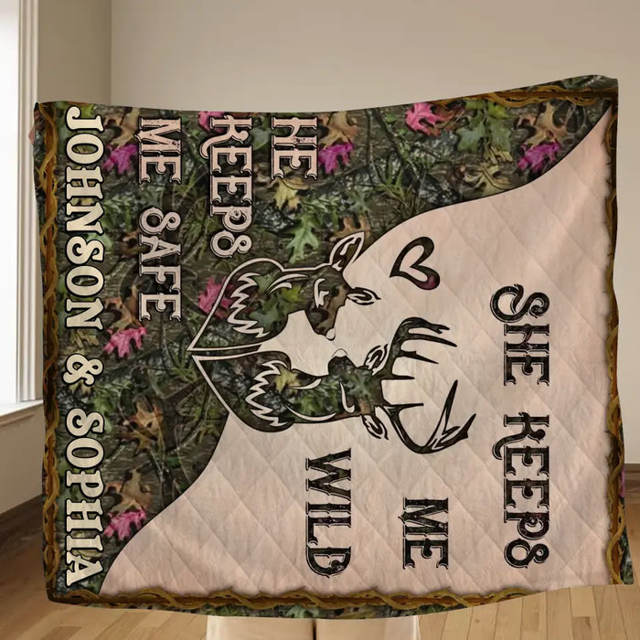 Personalized Couple Quilt/ Single Layer Fleece Blanket - Gift For Couple/ Husband/ Wife/ Valentine's Day - She Keeps Me Wild