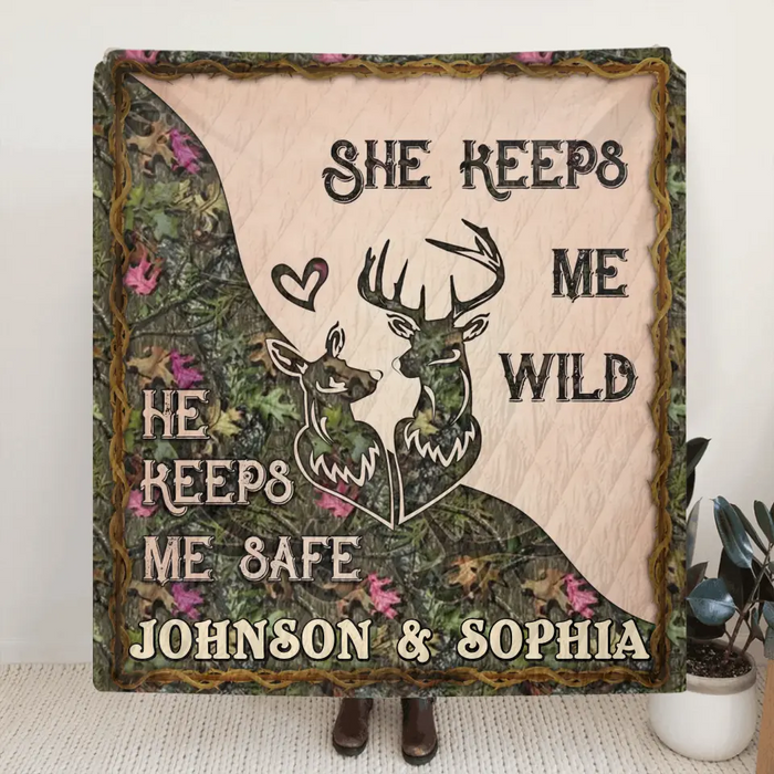 Personalized Couple Quilt/ Single Layer Fleece Blanket - Gift For Couple/ Husband/ Wife/ Valentine's Day - She Keeps Me Wild